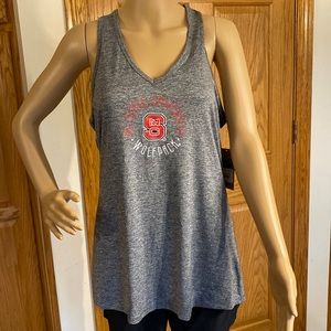 NC University heather gray v neck tank with keyhole & crisscross accent …